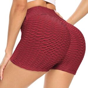 Red Butt Lift Workout Shorts High Waist Textured Yoga Gym.